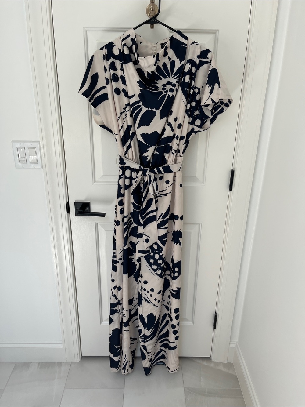 Fate Cream and Navy Floral Wide-Leg Jumpsuit with Tie Belt